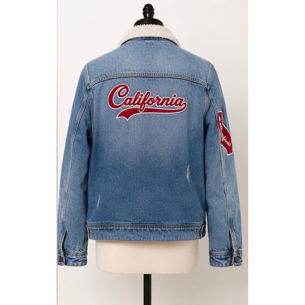 Hollister California Sherpa Lined Denim Trucker Jacket M Embroidered Patch Y2K